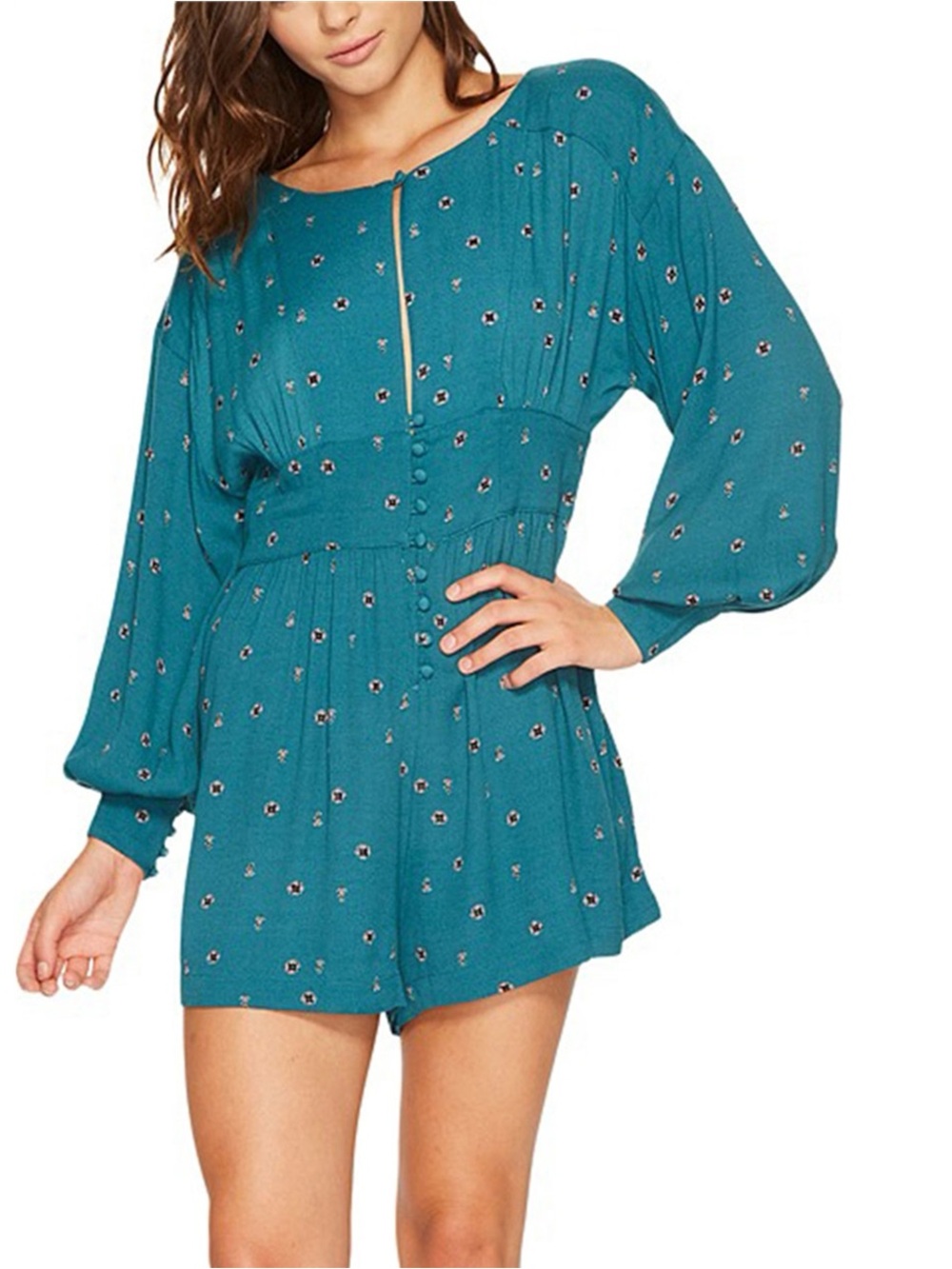 Free People Love Grows Teal Long-Sleeve Romper Size Large
